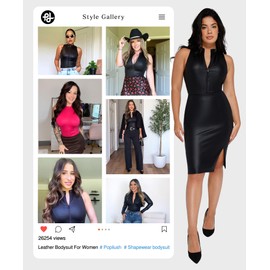 Popilush Leather Bodysuit for Women Tummy Control Shapewear Mock Neck Thong Body Suits Zip Up Corset Top