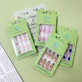 Acrylic press on nails, French tip, Fake nails with glue, Fake nails with design, Short press on nails, Short - Medium, 24 pc set (including adhesive tabs) MOTA ENTERPRISE (JP2038)