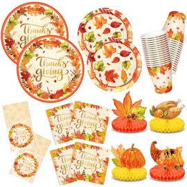 Thanksgiving Plates and Napkins Dinnerware Sets, Thanksgiving Disposable Paper Plate set for 25 Guests with Fall Paper Plates, Napkins, Cups, Cutlery Holders, Centerpieces for Table Decorations 129PCS