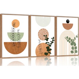 SIKERIC Framed Boho Wall Art Set of 3, (24x36 Inch) Neutral Boho Canvas Wall Art Prints, Mid Century Modern Wall Art Decor, Geometric Bohemian Art Painting for Living Room, Bedroom, Office