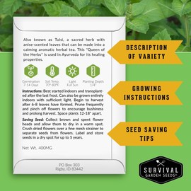 Holy Basil Seed for Planting - Indian Sacred Herb Tulsi Seeds to Grow in Your Home Vegetable Garden - Non-GMO Heirloom Variety - Survival Garden Seeds (1 Pack)