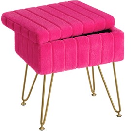 Greenstell Vanity Stool Chair Faux Fur with Storage, 15.7"L x 11.8"W x 19.4"H Soft Ottoman 4 Metal Legs with Anti-Slip Feet, Furry Padded Seat, Modern Multifunctional Chairs for Makeup, Bedroom,Rose