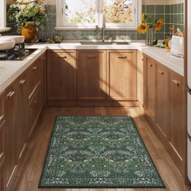 ARKIIKI 2x3 Washable Dark Green Floral Area Rug for Living Room, Non-Slip Soft Floral Print Vintage Boho Carpet, Forest Green Low Pile Rugs for Bedroom, Dining Room, Indoor Decor