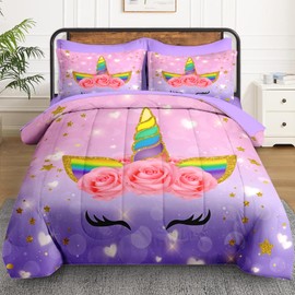 WeCozy 7 Pcs Full Size Comforter Set with 2 Pillowcases & 2 Shams, Cute Cartoon Unicorn Bedding Set for Kids and Adults, Rainbow Horse Flowers Bed in a Bag with Flat Sheet and Fitted Sheet