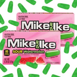 Mike and Ike Sour Watermelon Candy, 2 Pack of Candy Boxes 0.78OZ Each, Ideal Mike and Ike for Your Favorite Films, Perfect for Sharing with Friends.