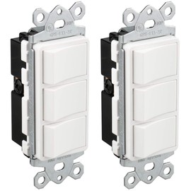Baomain 2-Pack Triple Rocker Light Switch, 15A 120V Single Pole, 3 Individual Switches Grounding, Combination Wall Switch White, UL & CUL Listed