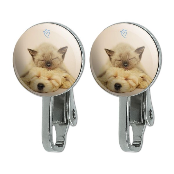 Kitten & Puppy Nap Time Novelty Clip-On Stud Earrings