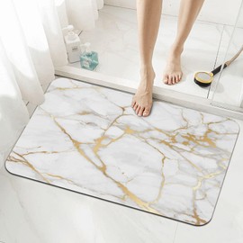 Jbofyee White Marble Texture Bath Mat Rugs 15.7x23.6 in, Marbling Diatomaceous Earth Bathroom Rug Fit Under Door Rubber Non-Slip Absorbent Bathroom Mat for Bathroom Kitchen Floor, Tub and Shower Sink
