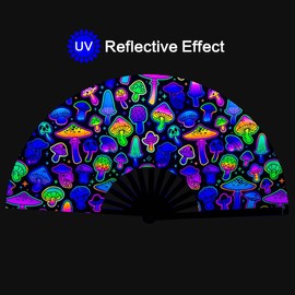 Raveahem UV Glow Rave Fan, Bamboo Folding Clack Hand Fan for Men Women (Mushrooms, Large 13")