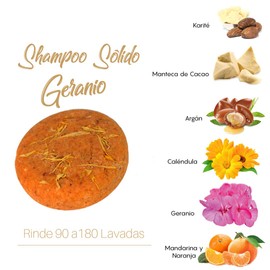 Geranio Shampoo Sólido Orgánico 2 en 1 Humectación, Hidratación, Reparación, Suavidad y Acondicionado para Cabello Seco/Maltratado