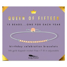 Lucky Feather Quinceanera Gifts for 15 Year Old Girls; 15th Birthday Bracelet with 15 14K Gold Dipped Beads Marking Each Year on Adjustable Cord (gold-plated-base)