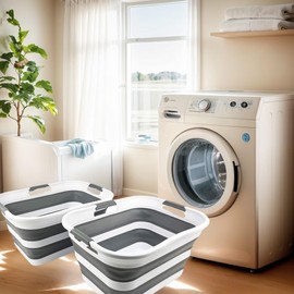 SAMMART Set of 2 Collapsible Plastic Laundry Basket/Organizer-Washing Tub-Foldable Pop Up Storage Container-Space Saving/Portable Hamper. Ideal for Home, Travel, Dorm & Camping (White/Steel Grey, 30L)