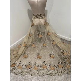 wowfabric4less123 Brown Gold Embroidery Rhinestones Velvet Mesh Fabric 50” Width 1 Yard