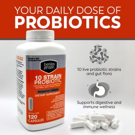 Berkley Jensen Natural 10 Strain Probiotic Supplement Capsules with 10mg B. Longum, Loaded with Live Strains & Beneficial Gut Flora, for Digestive & Immune Health - 17-Week Supply, 120 Ct