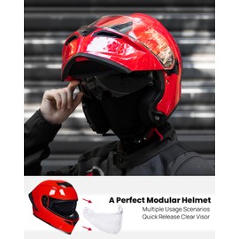 ILM Motorcycle Helmets Modular Full Face Moped Helmet Flip up Dual Visor for Adult DOT WS202 (Red, Large)