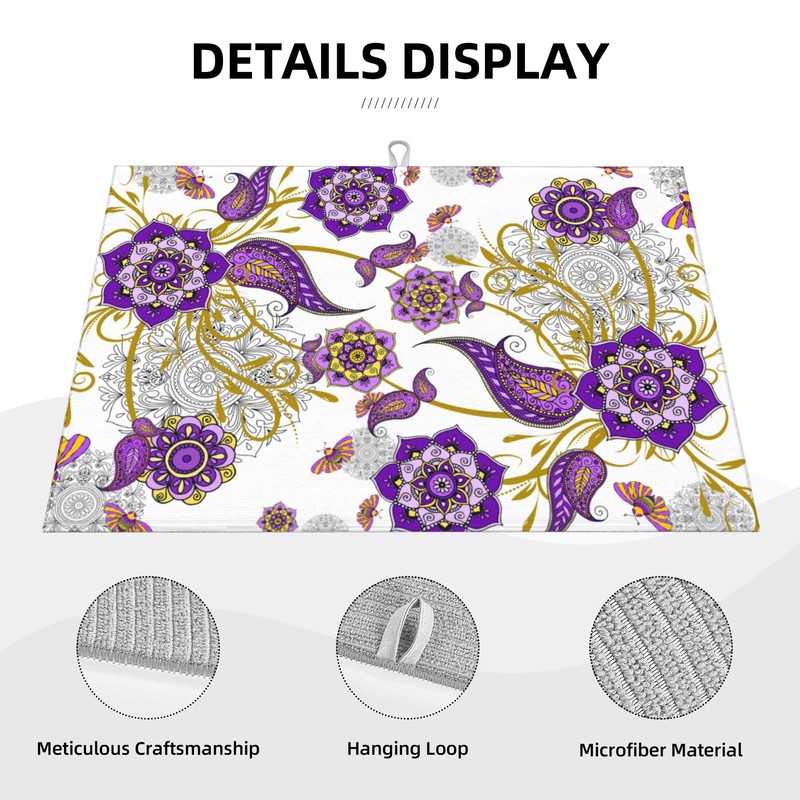 Purple Flower Kitchen Drying Mat Boho Floral Microfiber Dish Drainer