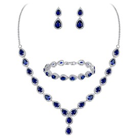 BriLove Women's Wedding Bridal Teardrop CZ Infinity Figure 8 Y-Necklace Tennis Bracelet Dangle Earrings Set Sapphire Color Silver-Tone