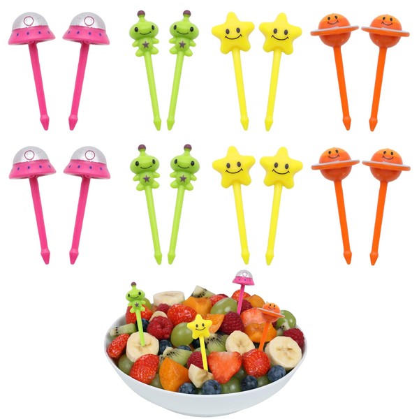 Kireida® 16 Pieces Cute Mini Space Fruit Forks Kids Plastic Bento Box Accessories for Children/Adults, High-Quality Plastic, Easy to Clean Fruit Tooth Picks