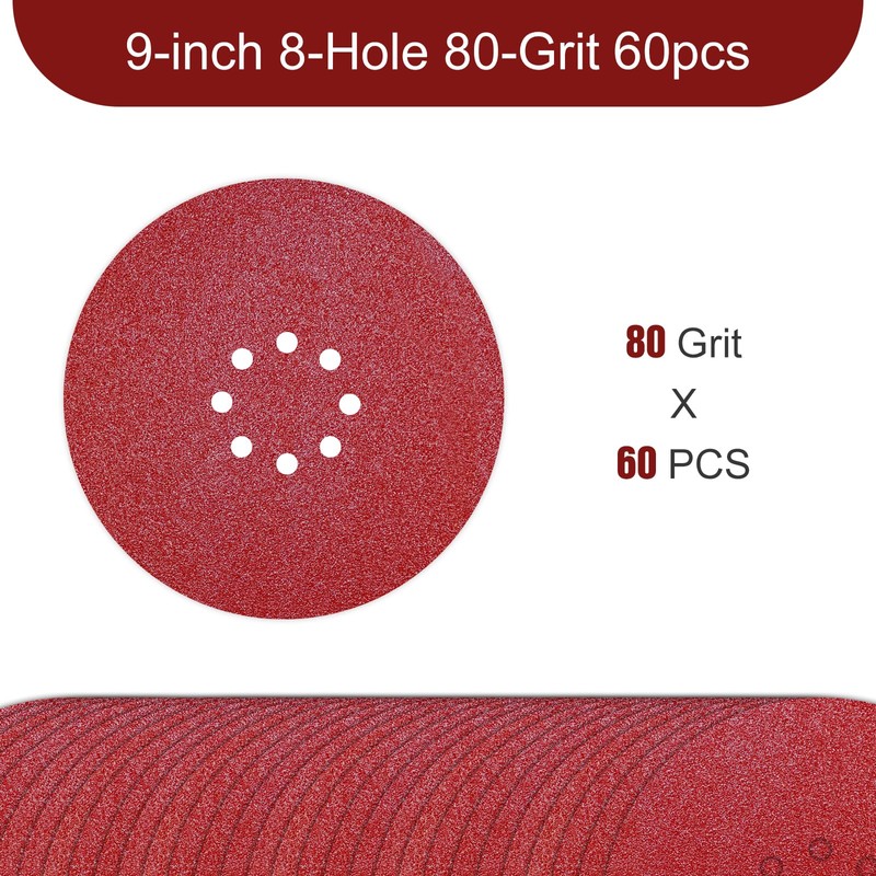 9 inch Sanding Discs 80 Grit 8 Holes Hook and