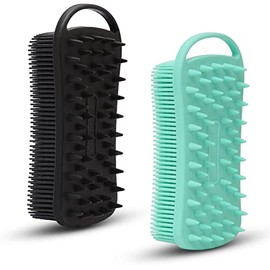 2 PC Silicone Exfoliating Body Scrubber, 2 in 1 Silicone Body Shampoo Brush, Soft Silicone Loofah for Sensitive Skin, Shower Silicone Hair Scalp Massager, Easy to Clean, Lather Well (Black&Green)