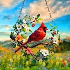 JUNWALL Cardinal Bird Acrylic Window Hanging, Bird on Branch Peach Blossom Stained Acrylic Window Decor Hanging Ornaments Indoor Outdoor Garden Stained Art Panel Gift for Women Christmas Thanksgiving