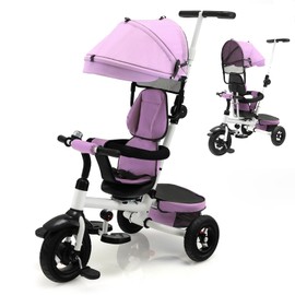 Costzon Tricycle, 4 in 1 Toddler Bike w/Removable Push Handle, Bell, Rotatable Seat, EVA Wheel, Adjustable Canopy, Storage Basket, Trike for Kids 1-5 Years Old, Tricycle for Toddler (Pink)