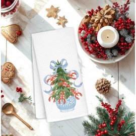KRHFG Christmas Chinoiserie Kitchen Towels Decor,Blue Bow Christmas Tree Towels Gifts,Red Lobster Christmas Hand Towels for Bathroom Kitchen,Grandmillennial Decor,16x24 Inches