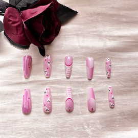 Press on Nails Long Coffin Fake Nails False Nails with Designs Skeleton Full Cover Glossy Nude Pink Acrylic False Nails for Women Gifts Reusable Full Cover Gel Nails-24PCS