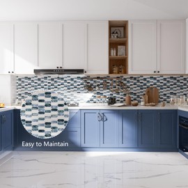 10-Sheet Backsplash Peel and Stick Tile Faux Marble 12"x12" White Blue Long Hexagon Self-Adhesive Glossy Heat Resistant Waterproof 3D Wall Panel Stick on Backsplash Kitchen Bathroom RV Fireplace