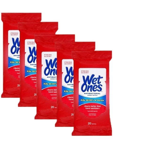 Wet Ones Wipes for Hands & Face, 20 Count Travel Pack (Pack of 5) 100 Wipes Total (Anti Bacterial)