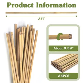 Plant Stakes 3FT, Natural Bamboo Stakes, HAINANSTRY 25Pcs Sturdy Bamboo Garden Stakes, Bamboo Sticks for Plants, Beans, Indoor and Outdoor Climbing Plants, Tomato Vegetable Stakes for Garden
