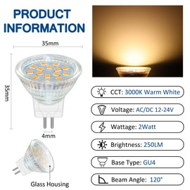Akynite MR11 GU4 2W LED Warm White 3000K, 250LM, AC DC 12V-24V, 120 Angle with Glass Cover, MR11 10W-20W Halogen Replacement, Energy Saving 35mm GU4 12V Spotlight Bulb for Kitchen Cabinets, 4pcs