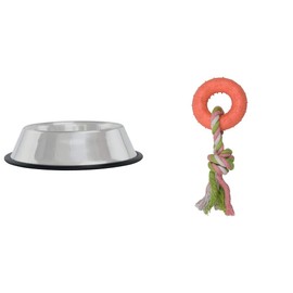 Fancy Pets Plato de Acero para Perro de 32 Onzas o 907 Gramos + Juuete Cuerda con Aro de Caucho para Perro