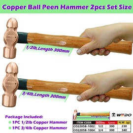 WEDO 2PCS Copper Ball Peen Hammer Set, 8 oz + 12 oz(1/2lb+3/4lb), Ball Pein Hammer with Wooden Handle, Die-Forge, Corrosion Resistant, DIN Standard