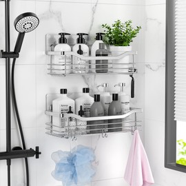 Orimade Shower Shelf No Drilling SUS304 Stainless Steel Shower Shelf with 5 Hooks Shower Baskets for Bathroom Kitchen Toilet Pack of 2