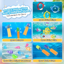 Yotako 23 Piece Diving Rings Set, Diving Toy Pool Toy Gemstones Fish, Underwater Diving Playset Swimming Pool for Children Boys Girls with Drawstring Bag