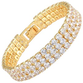 [RIZILIA ICONIC] Triple Rows 4mm Round White Cubic Zirconia 18K Gold Plated Wide Tennis Bracelet, 7", Metal, simulated-white-topaz
