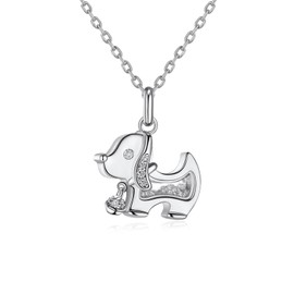 White Gold Plated Animal Dog Pendant Necklace for Women and Men, Silver Cubic Zirconia Necklace for Dog Lovers and Dog Owners, 18" Chain