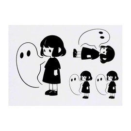 4 x 'Kawaii Girl with Ghost ' Temporary Tattoos - Water Resistant, Skin-Safe, Non-Toxic Transfers, Mixed Sizes (TO00078964)