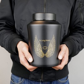 Up to 160 lbs Large Cremation Urns for Adult Human Ashes, Angel Wings in Loving Memory Decorative Funeral Burial Urn for Male Female Ashes with Velvet Bag(Black)