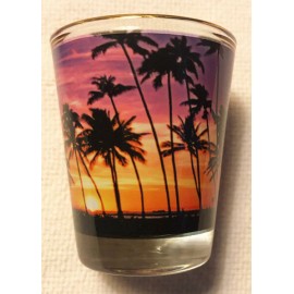 Hawaiian Islands Sunset Palm Trees Shot Glasses Hawaii Souvenir Gold Rim New
