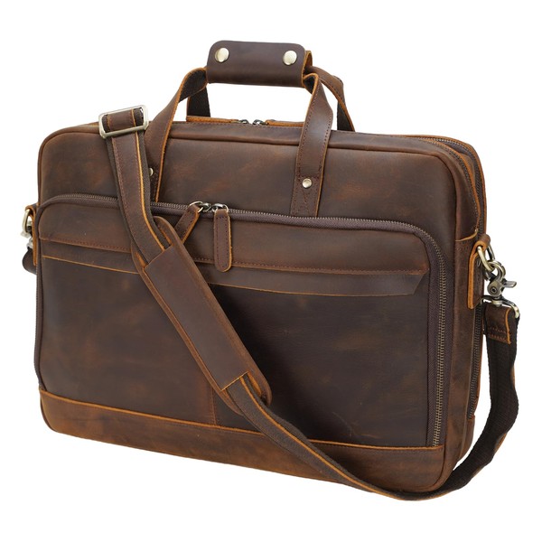 Leather Briefcase for Men 17 Inch Laptop Crossbody Shoulder Messenger Office Bag Brown Vintage Attache Case Handbag for Business Travel Work Lawyer Large