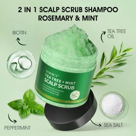 VOERUY Scalp Scrub, Tea Tree Scalp Exfoliator Scrub Shampoo, 2-in-1 Scalp Treatment with Mint Oil, Hair Treatment to Clarify and Remove Build up with Silicone Scalp Massager, 10.6oz/300g