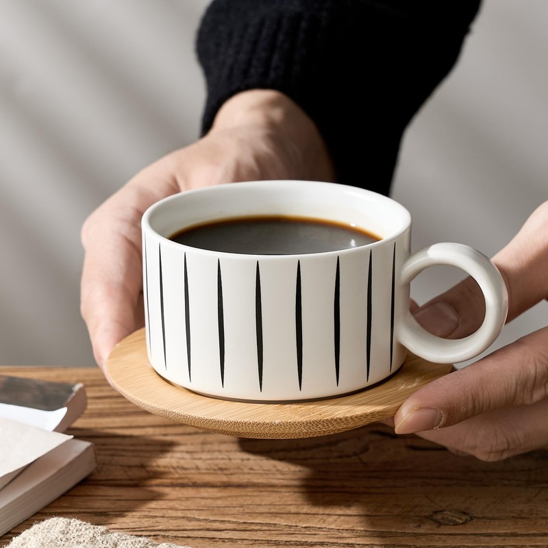 LUKA 6 Ounce Porcelain Stackable Espresso Cups with Saucers and
