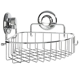 HASKO accessories Corner Shower Caddy with Suction Cups and 3M Adhesive Mounting Discs for Porous Surfaces - Stainless Steel Basket for Bathroom Storage (Chrome)