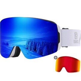 DUCO Ski Goggles with Magnetic Lens for Snowboard, Anti-Fog UV400 Protection Over Glasses OTG Snow Sports Goggles DCS002 (White Frame Revo Blue+Revo Red Lens)