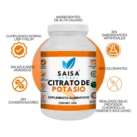 Citrato De Potasio Puro Con 1 kg en polvo  Suplemento Alimenticio  Alta Biodisponibilidad  Sin Sabor Saisa Herbal  Ayuda A Prevenir Clculos Renales,  