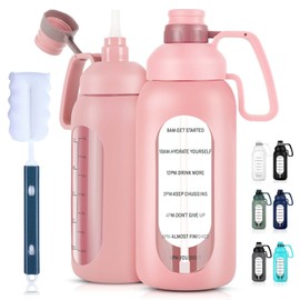 Aqulea 64 Oz Glass Water Bottle with Straw - Half Gallon Water Bottle with Straw – 2L BPA Free - Large Motivational Time Insulated Water Bottle with Handle and Sleeve - 1/2 Gallon Water Bottle