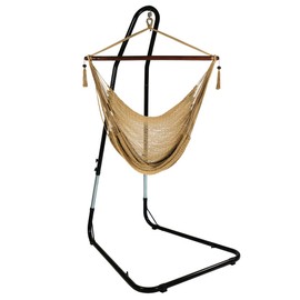 Sunnydaze Hanging Rope Hammock Chair Swing with Stand - Caribbean Style Extra Large Hanging Chair with Adjustable Stand - 300 Pound Capacity - Tan