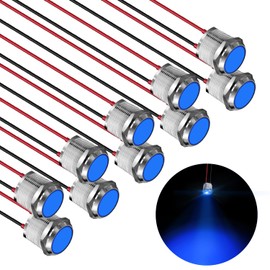 FICOLPO 10 Pcs LED Metal Waterproof Indicator Light, 12-24V 0.63-inch Mounting Hole Pre-Wired Pilot Signal Light for Car, Trucks, Boats, Marine, Dash, Industrial Electricity (Blue, 16mm)